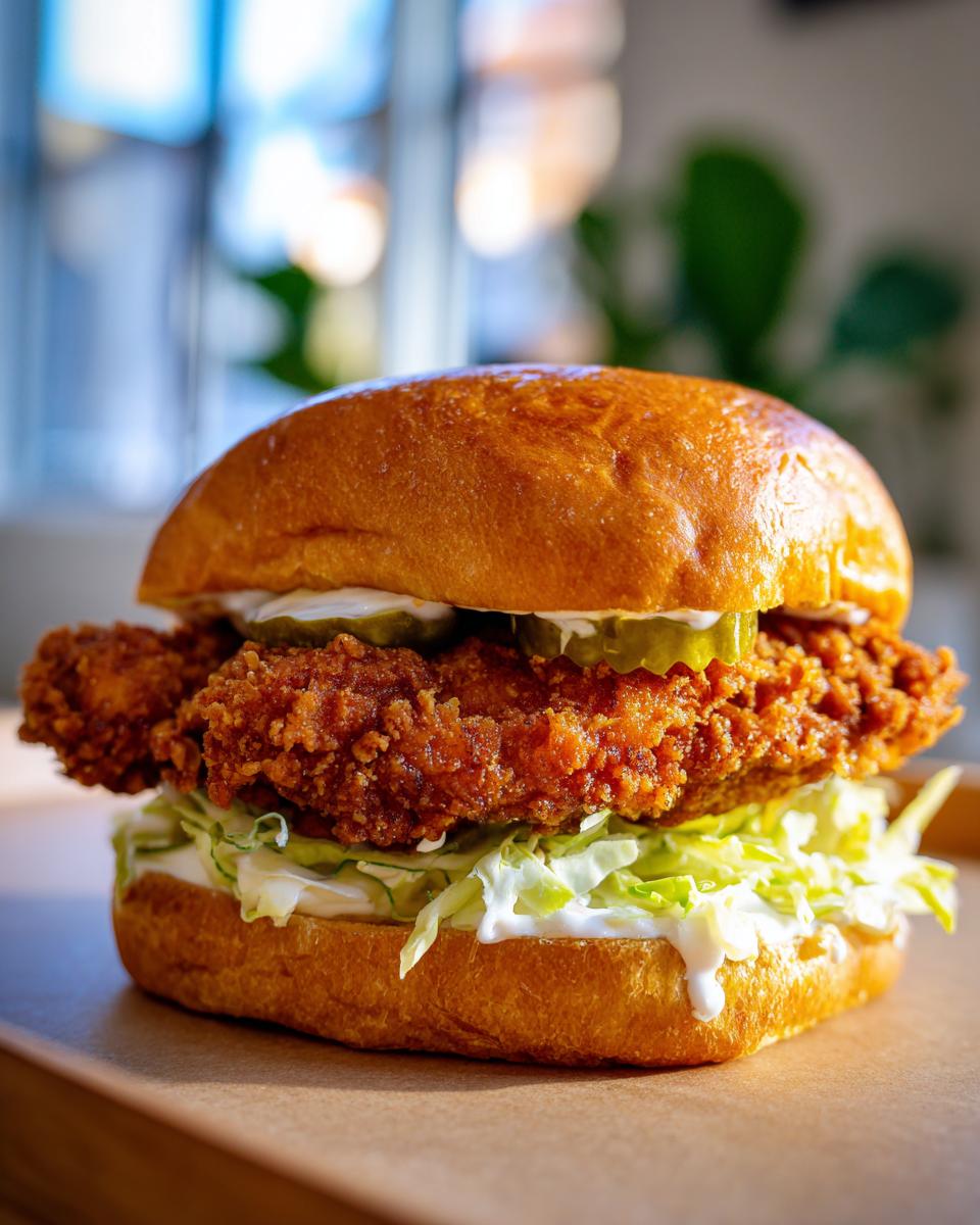 Amazing Pickle-Brine Chicken Sandwiches Recipe 5 A close-up of a delicious Pickle-Brine Chicken Sandwich with crispy fried chicken, lettuce, and pickles.