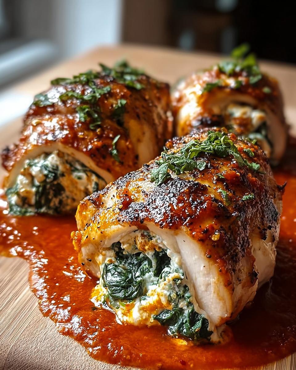 Amazing Ricotta Stuffed Chicken Rolls 4 Close-up of three Ricotta Stuffed Chicken Rolls with Marinara, showing creamy ricotta and spinach filling.