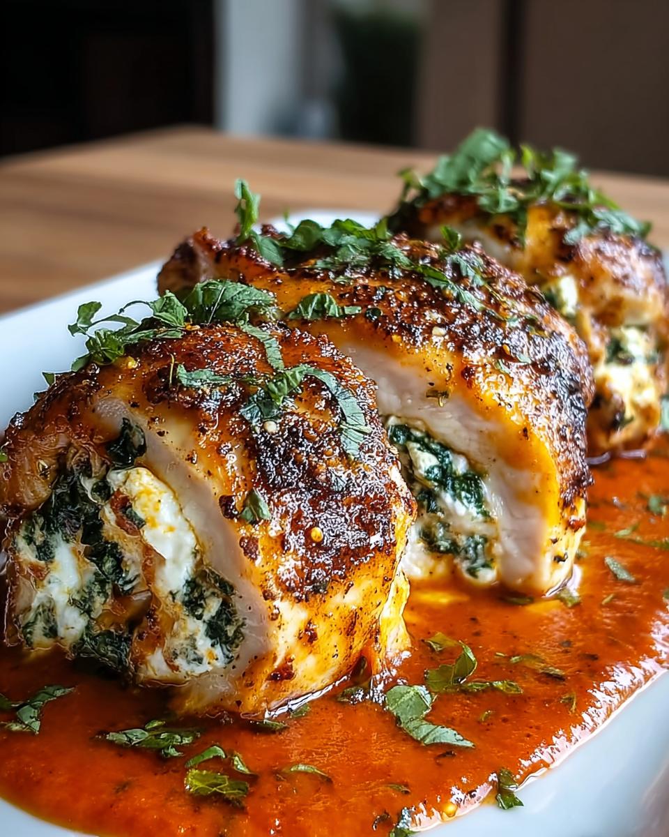 Amazing Ricotta Stuffed Chicken Rolls 5 Close-up of three Ricotta Stuffed Chicken Rolls with Marinara, garnished with herbs.