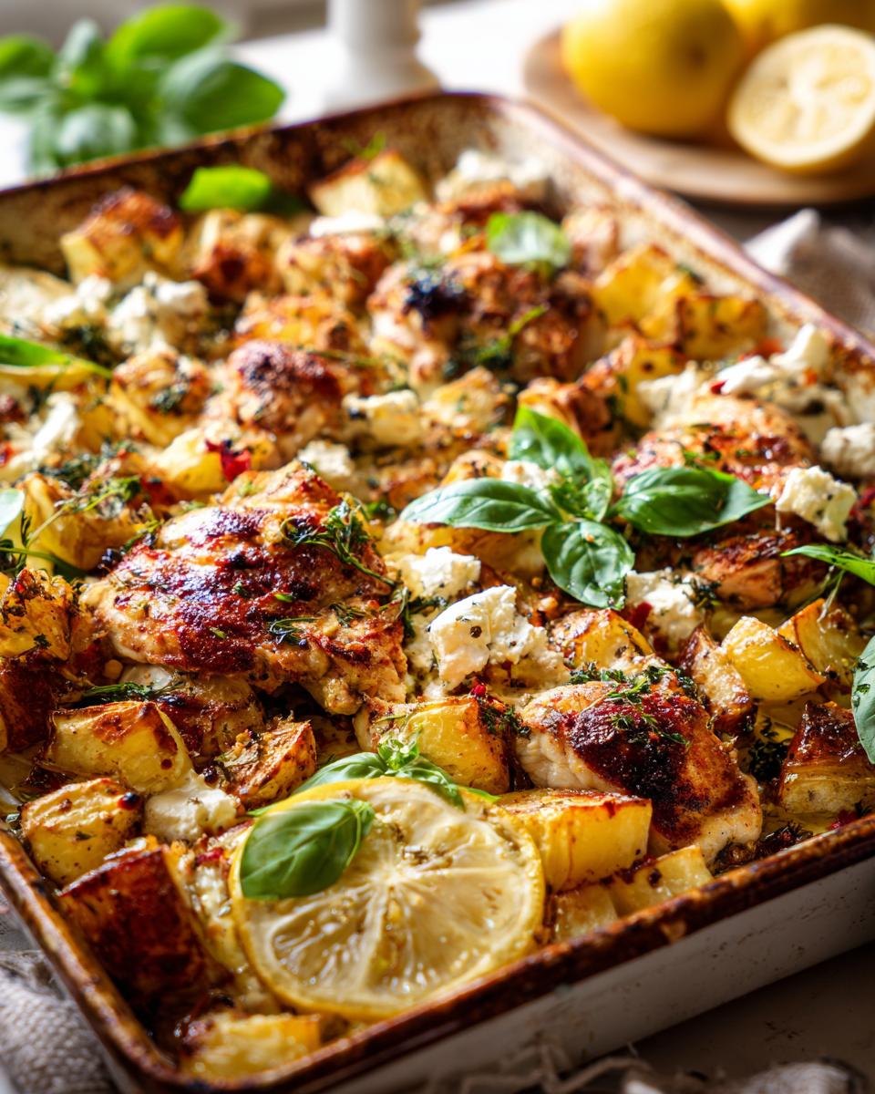 Amazing Roasted Potatoes with Baked Feta & Chicken 4 A close-up of roasted potatoes with baked feta and chicken, garnished with fresh basil and lemon slices.