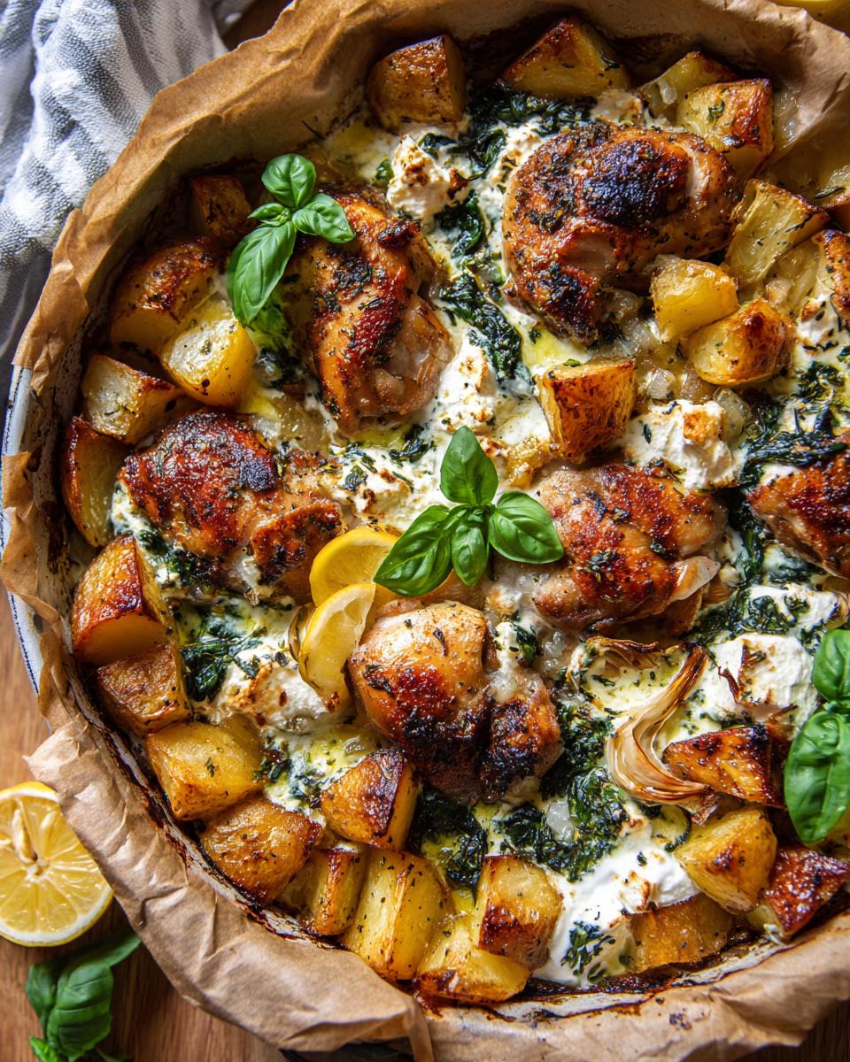 Amazing Roasted Potatoes with Baked Feta & Chicken 5 Close-up of roasted potatoes with baked feta and chicken, garnished with basil and lemon.