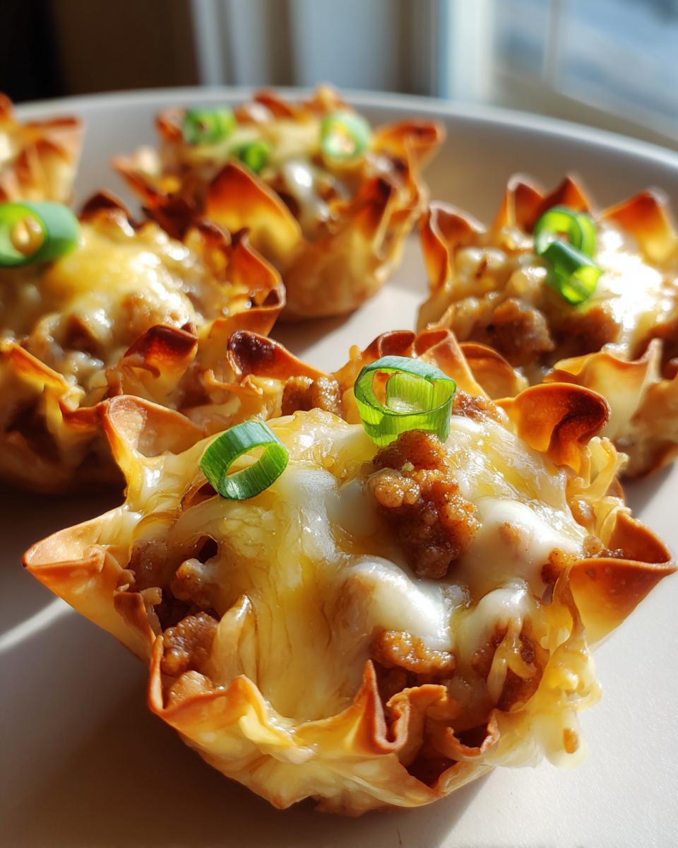 Amazing Sausage & Cheese Wonton Cups 5 Close-up of golden-brown Sausage & Cheese Wonton Cups topped with melted cheese and green onions.