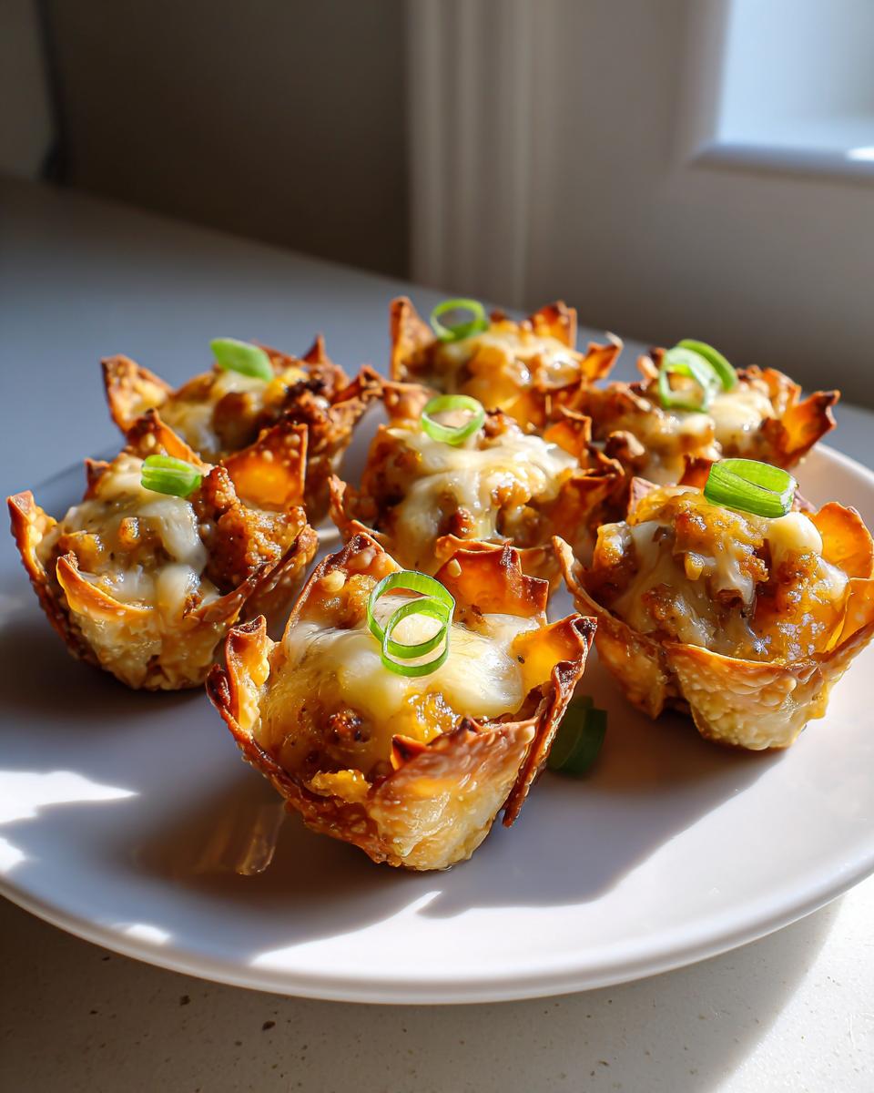 Amazing Sausage & Cheese Wonton Cups 4 A plate of golden brown Sausage & Cheese Wonton Cups topped with melted cheese and green onions.