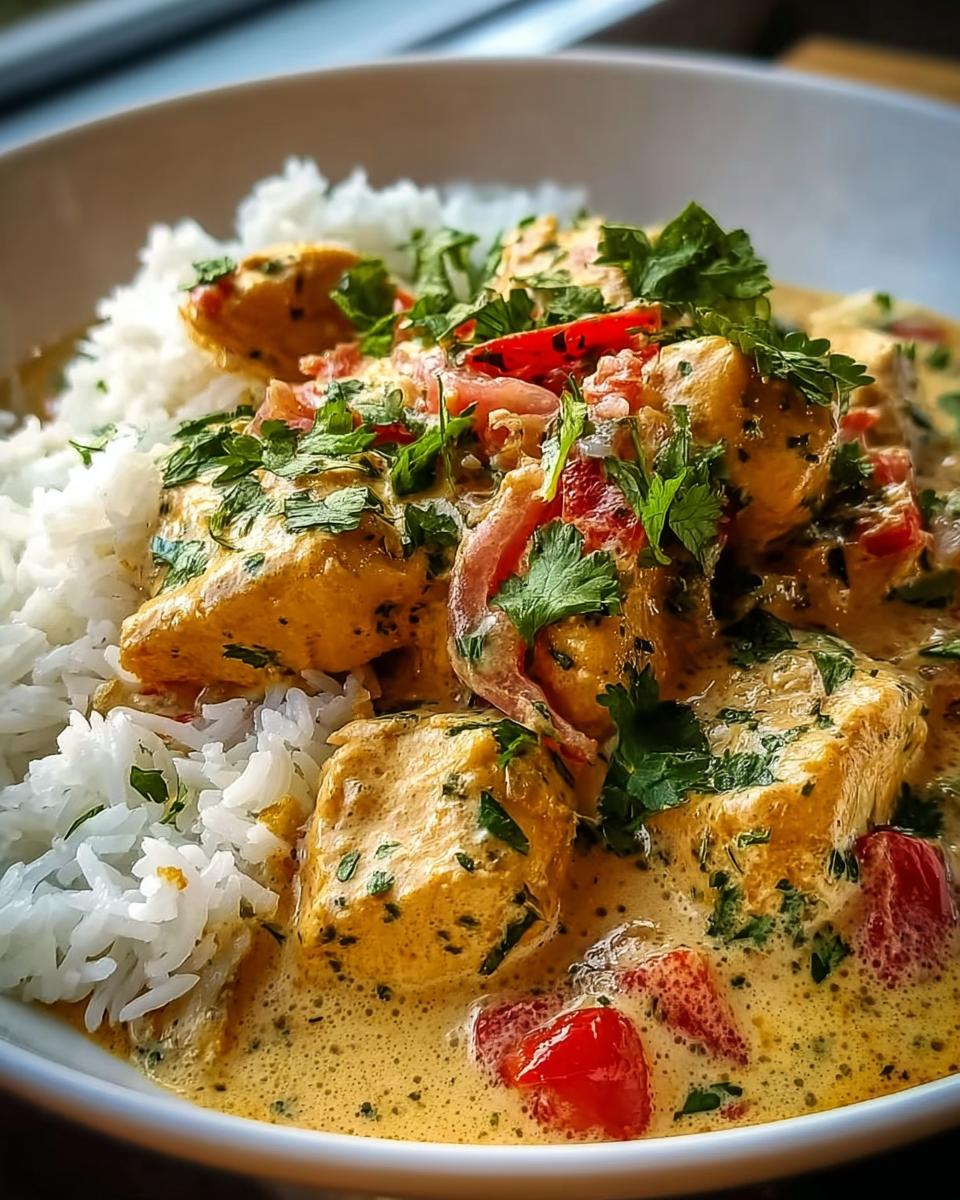 Savory Brazilian Coconut Chicken Skillet: 30-Min Meal 5 Close-up of Savory Brazilian Coconut Chicken Skillet served over fluffy white rice, garnished with fresh parsley.