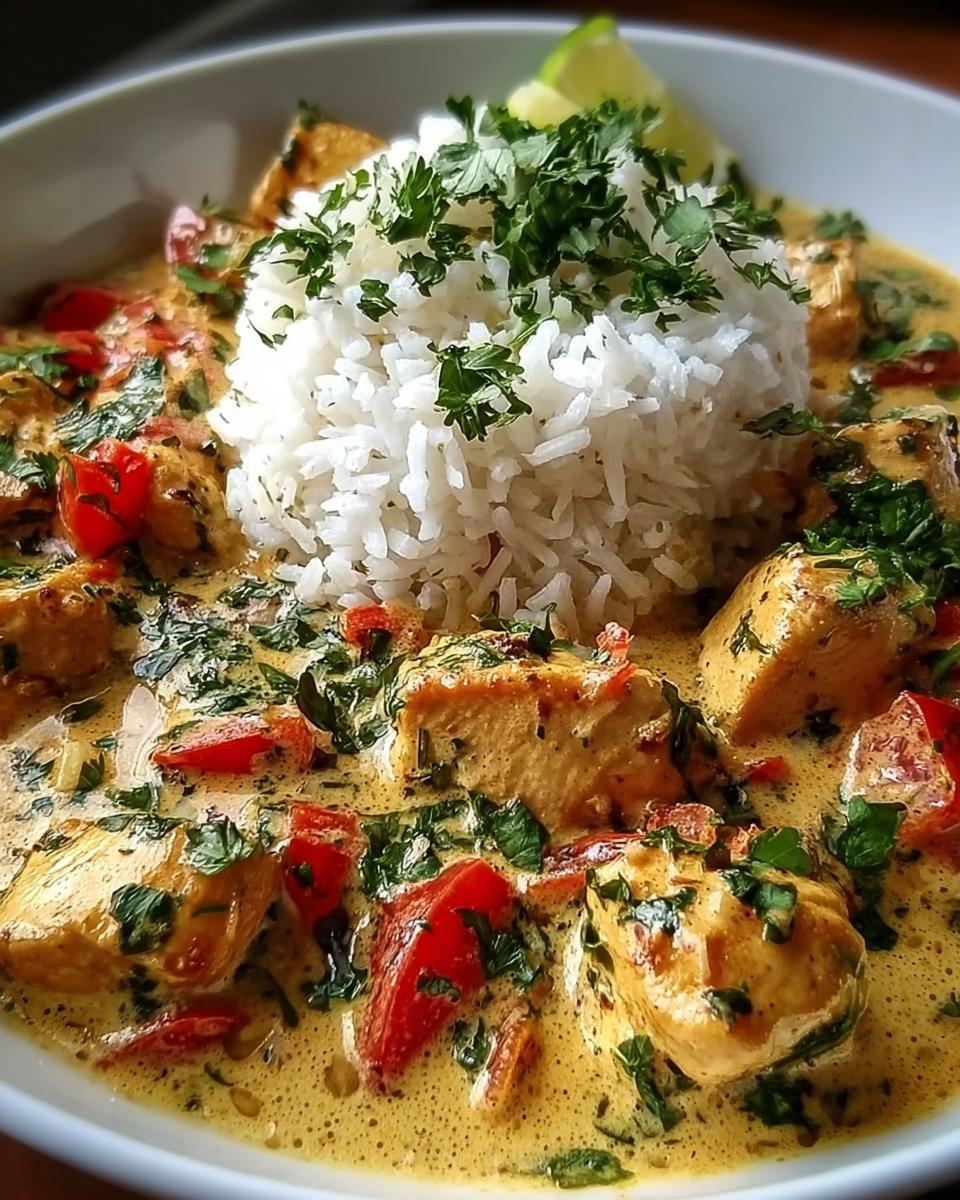 Savory Brazilian Coconut Chicken Skillet: 30-Min Meal 4 A close-up of Savory Brazilian Coconut Chicken Skillet served with white rice and garnished with parsley and lime.