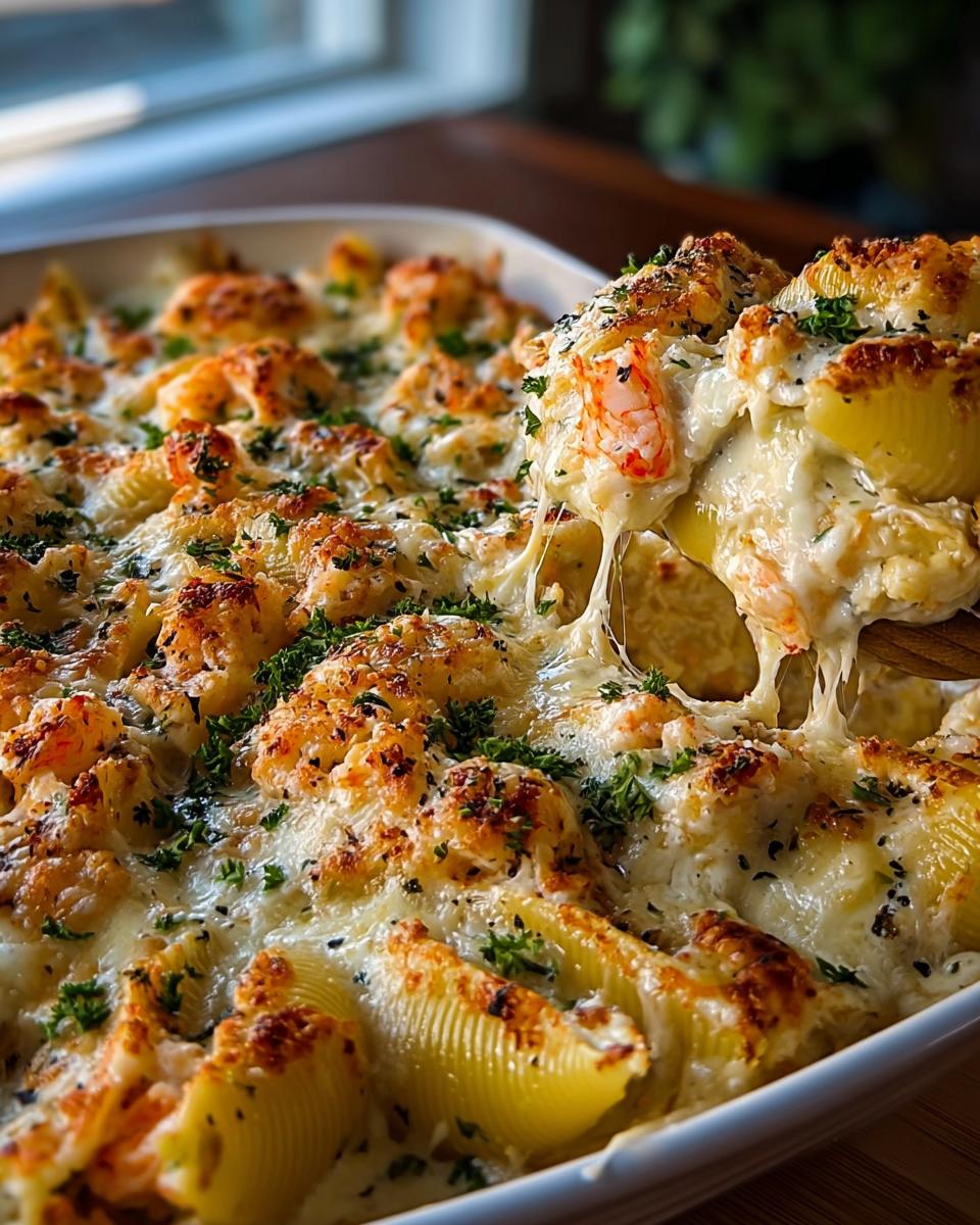 Amazing Seafood and Chicken Stuffed Shells Recipe 5 A close-up of a serving spoon lifting a cheesy Seafood and Chicken Stuffed Shells from a casserole dish.