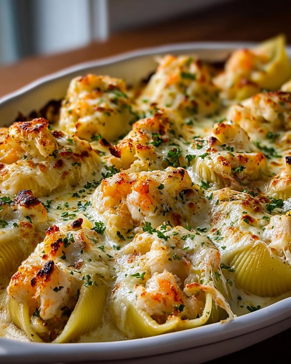 Amazing Seafood and Chicken Stuffed Shells Recipe 4 Close-up of baked Seafood and Chicken Stuffed Shells topped with melted cheese and parsley.