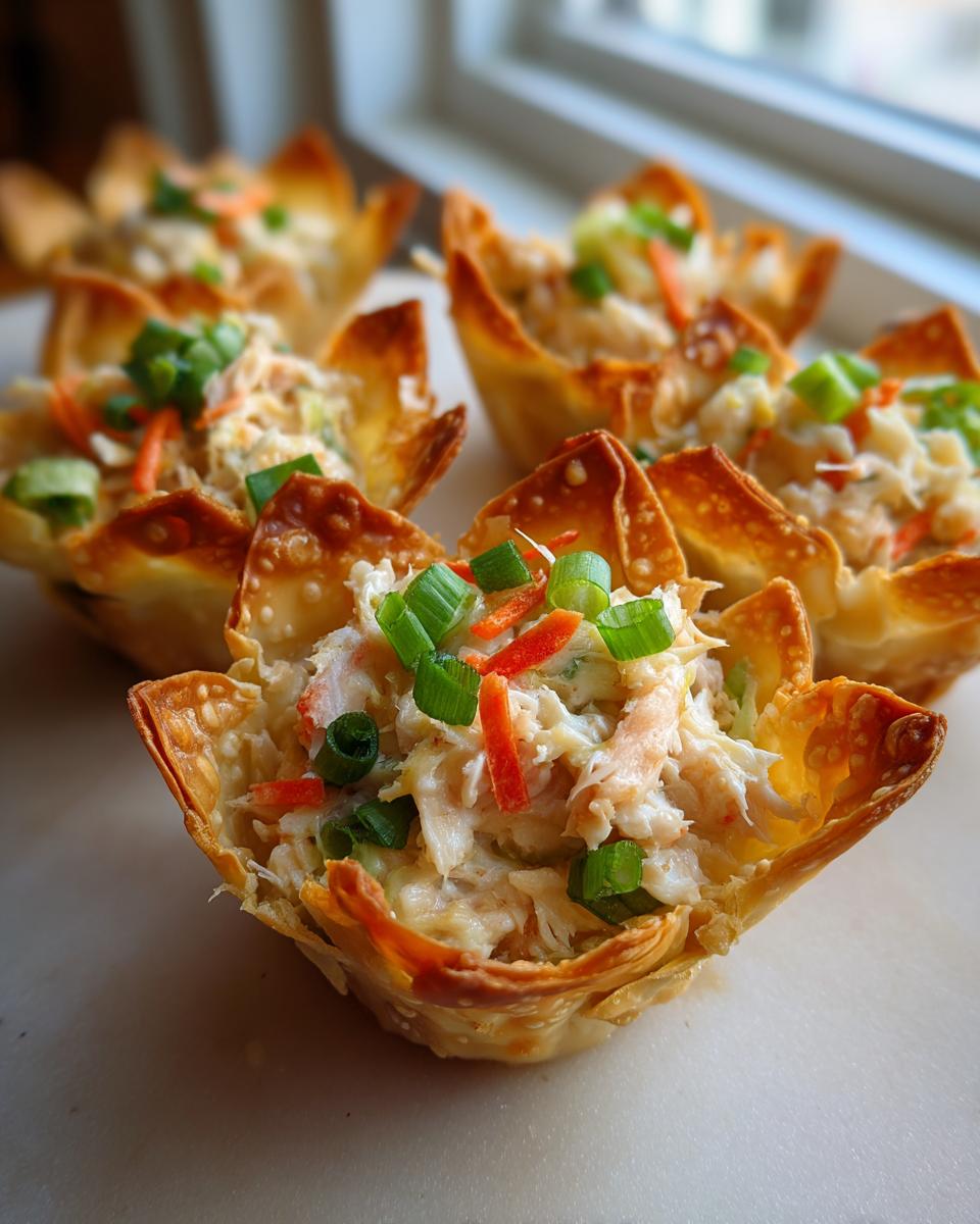Amazing Seafood Wonton Cups: 6-Minute Prep 4 Close-up of golden brown Seafood Wonton Cups filled with creamy seafood mixture and topped with green onions and shredded carrots.