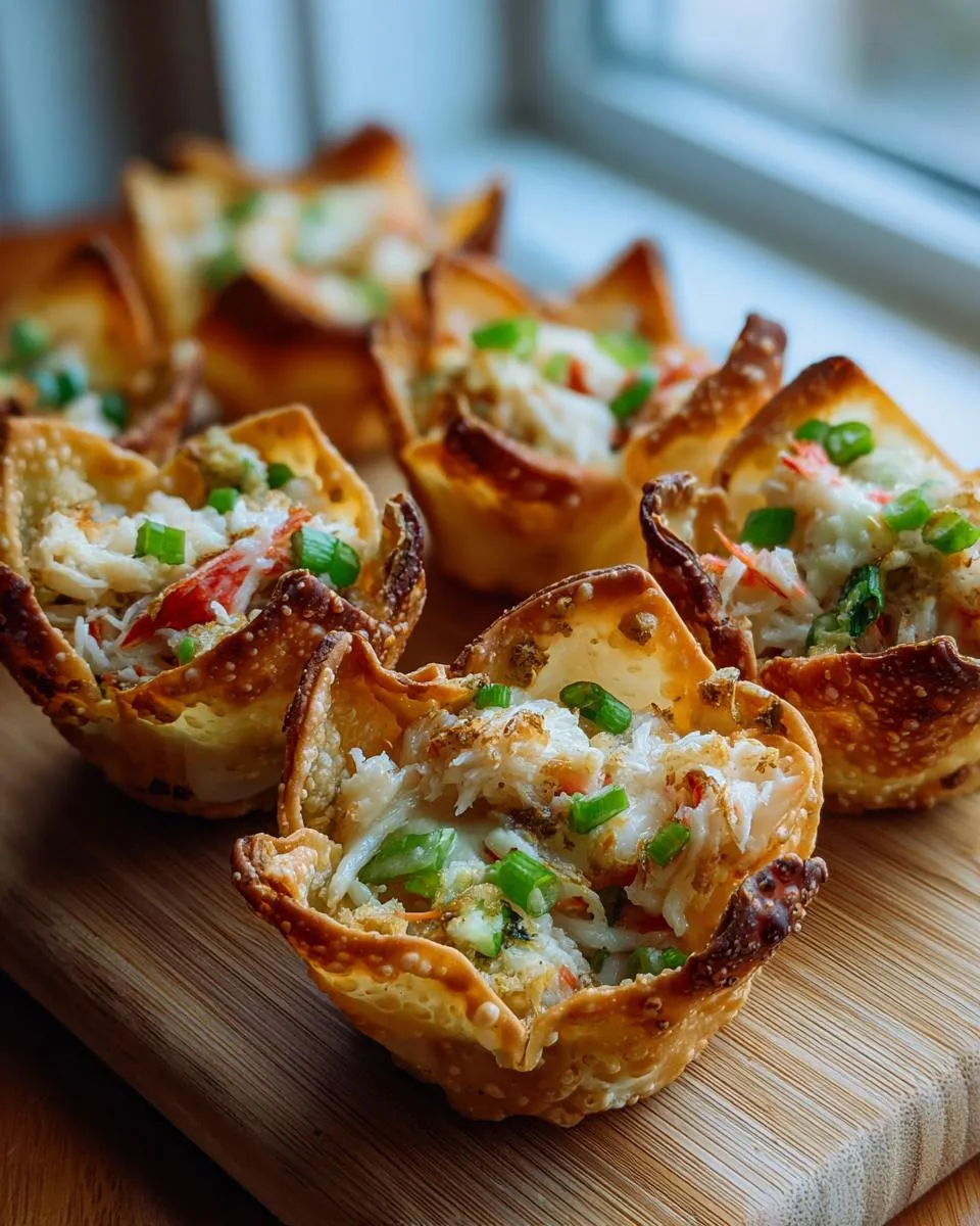 Amazing Seafood Wonton Cups: 6-Minute Prep 5 Close-up of golden-brown Seafood Wonton Cups filled with a creamy seafood mixture and topped with green onions.