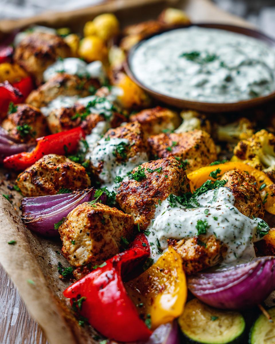 Sheet Pan Chicken Kebabs: 1 hour dinner 4 Close-up of Sheet Pan Chicken Kebabs with colorful bell peppers, red onion, cauliflower, and a dollop of garlic yogurt sauce.