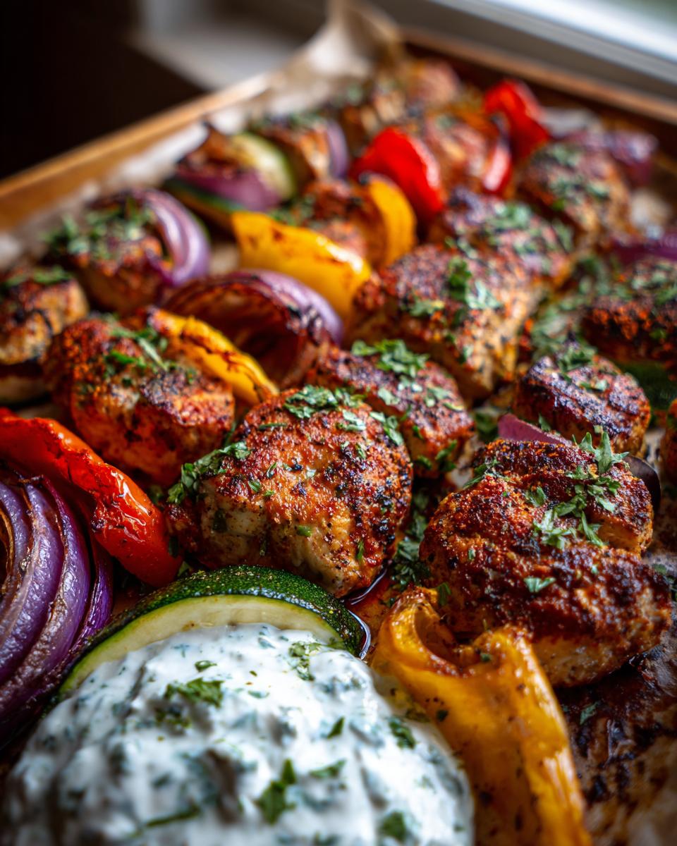 Sheet Pan Chicken Kebabs: 1 hour dinner 5 Close-up of Sheet Pan Chicken Kebabs with colorful bell peppers, red onion, zucchini, and a dollop of garlic yogurt sauce.