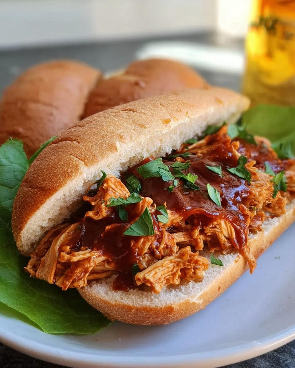 Amazing 4-Hour Slow Cooker BBQ Pulled Chicken 4 A delicious Slow Cooker BBQ Pulled Chicken sandwich on a bun, topped with fresh parsley.