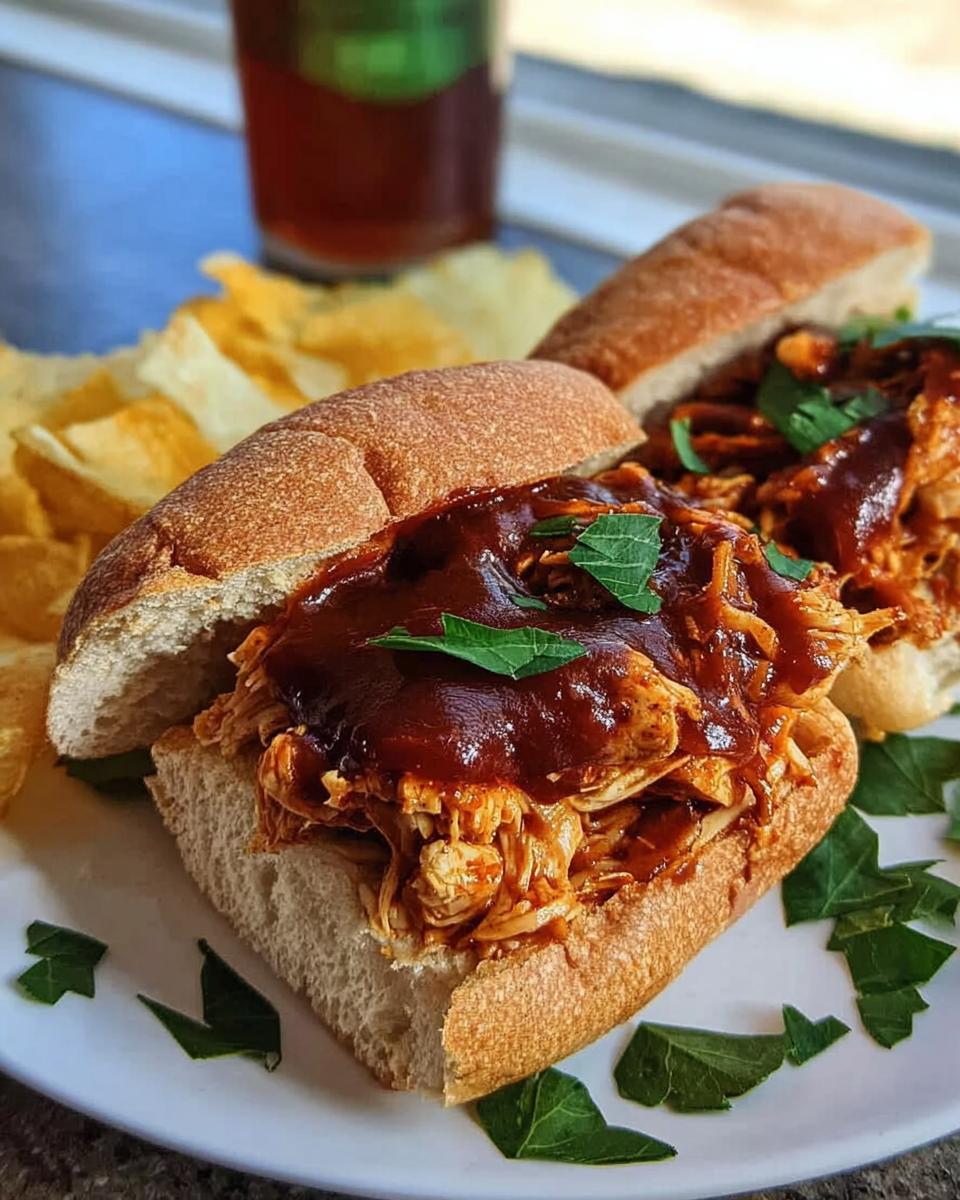 Amazing 4-Hour Slow Cooker BBQ Pulled Chicken 5 A delicious Slow Cooker BBQ Pulled Chicken sandwich piled high with shredded chicken and BBQ sauce, served with chips.