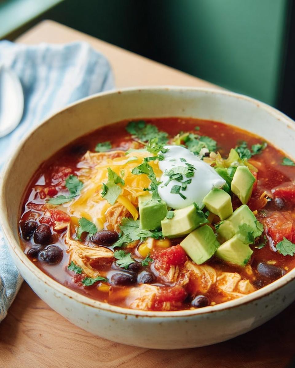 Amazing Slow Cooker Chicken Tortilla Soup 4 A hearty bowl of Slow Cooker Chicken Tortilla Soup topped with shredded cheese, sour cream, avocado, and cilantro.