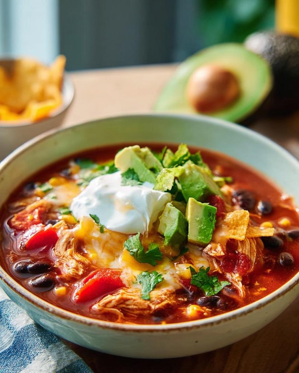 Amazing Slow Cooker Chicken Tortilla Soup 5 A bowl of Slow Cooker Chicken Tortilla Soup topped with avocado, sour cream, cilantro, and tortilla chips.