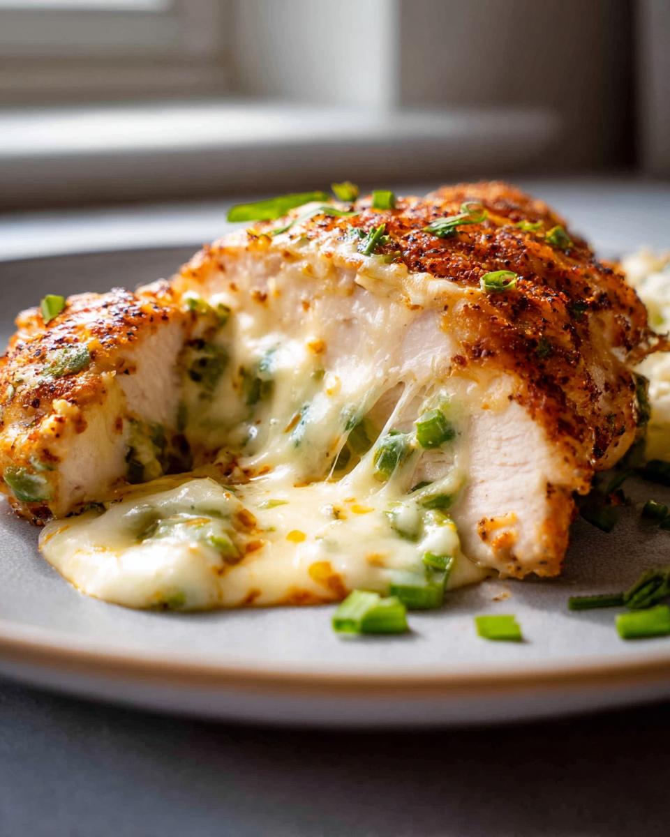 Amazing Smoked Jalapeno Popper Stuffed Chicken 5 A close-up of Smoked Jalapeno Popper Stuffed Chicken, with gooey melted cheese oozing out, garnished with chives.