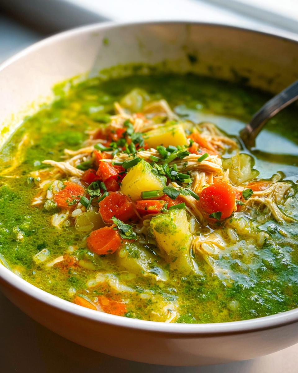 Amazing Spicy Aguadito de Pollo Soup 5 Close-up of a bowl of Spicy Aguadito de Pollo Soup with shredded chicken, potatoes, carrots, and cilantro.