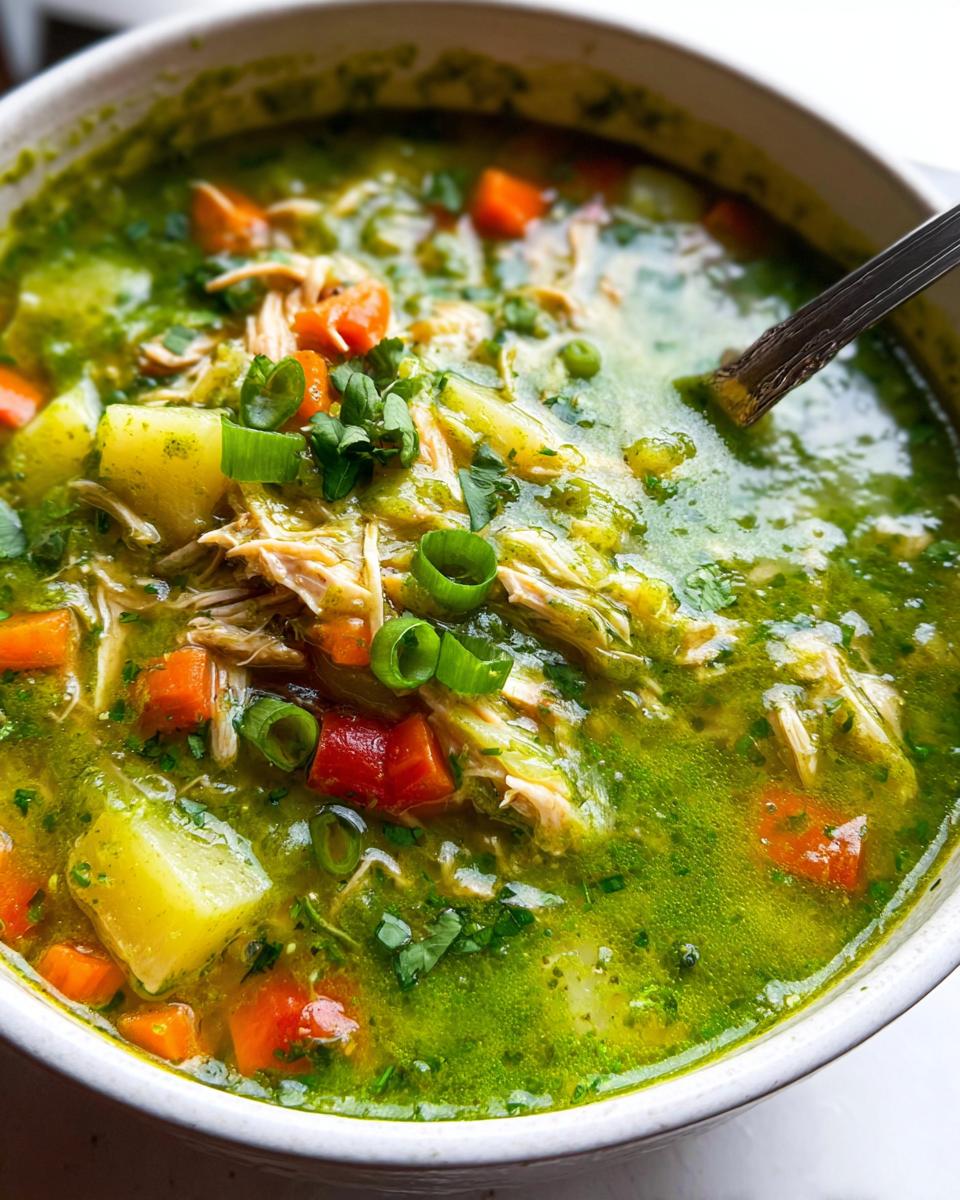 Amazing Spicy Aguadito de Pollo Soup 4 A vibrant bowl of Spicy Aguadito de Pollo Soup, filled with shredded chicken, potatoes, carrots, and fresh herbs.