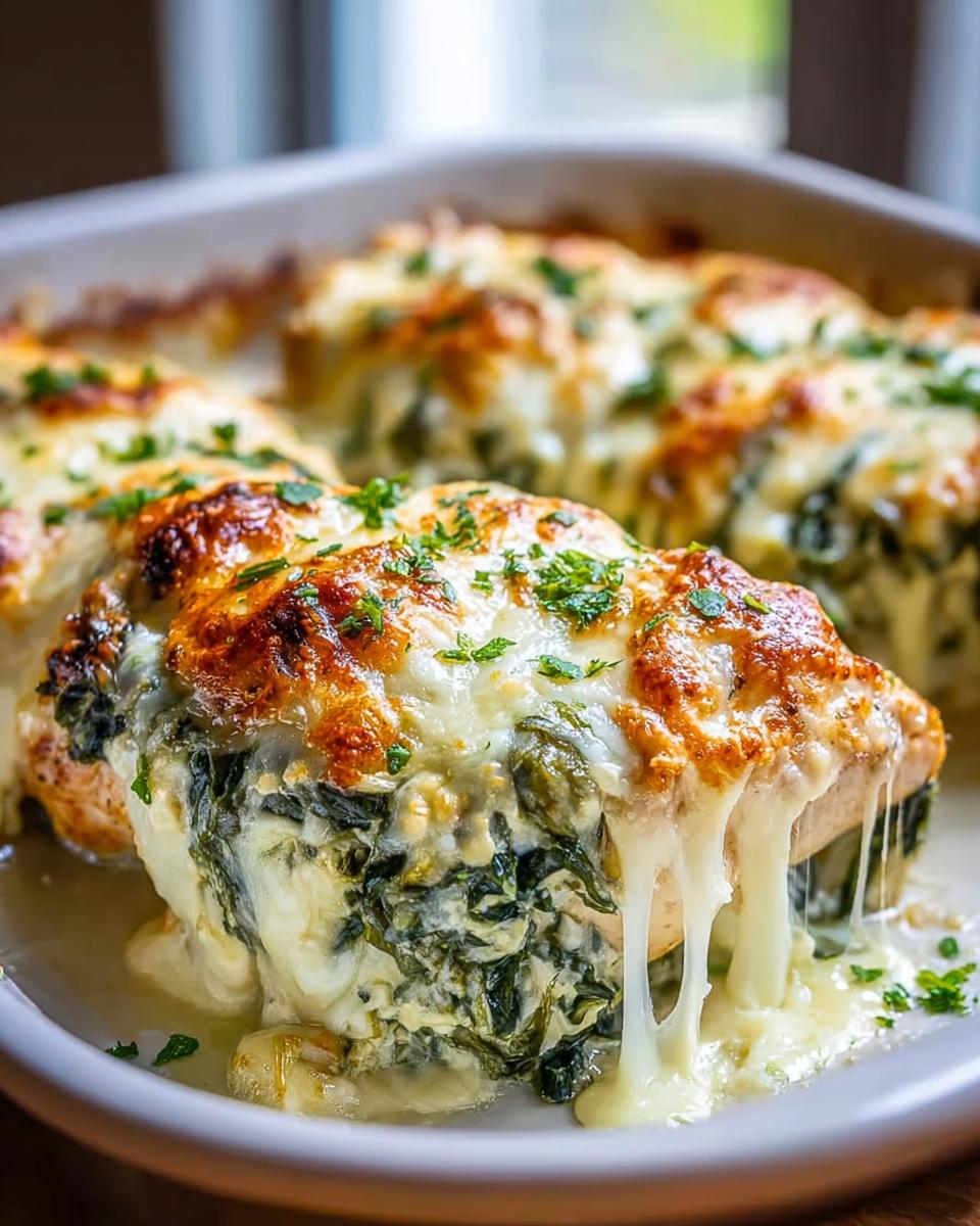 Amazing Spinach Artichoke Chicken Bake 30 Min 5 Close-up of a delicious Spinach Artichoke Chicken Bake, overflowing with melted cheese and topped with parsley.