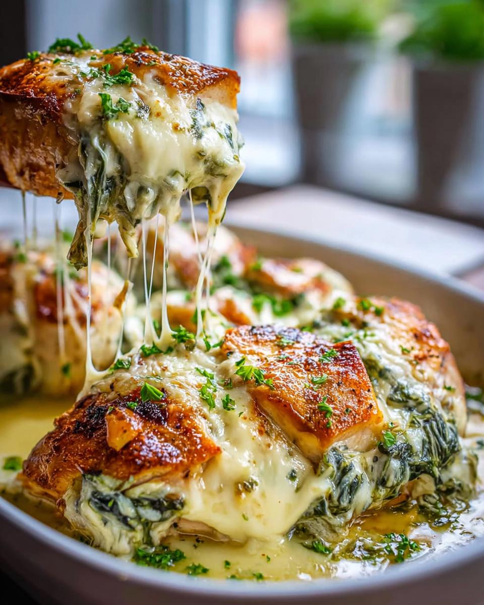 Amazing Spinach Artichoke Chicken Bake 30 Min 4 A piece of Spinach Artichoke Chicken Bake being lifted, with gooey cheese strings stretching from the dish.