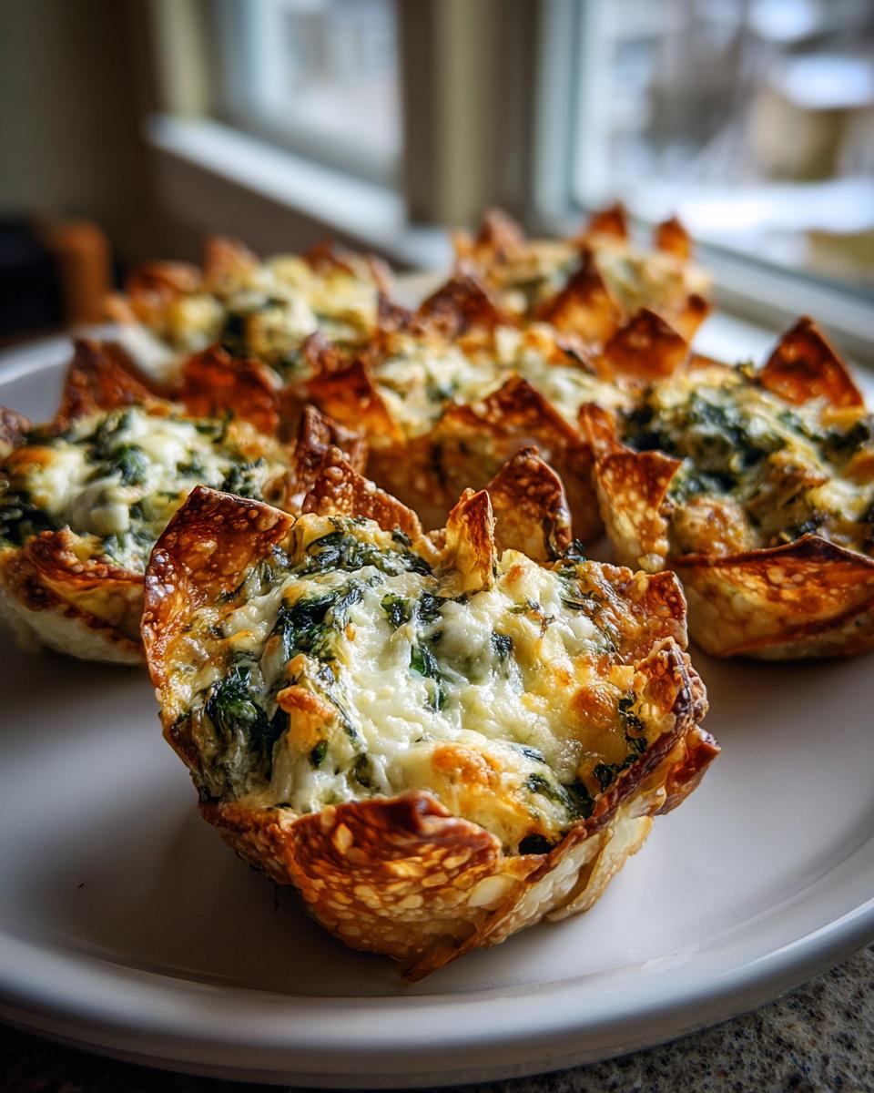 Amazing Spinach-Artichoke Wonton Cups 4 Close-up of golden-brown Spinach-Artichoke Wonton Cups filled with creamy cheese and spinach.