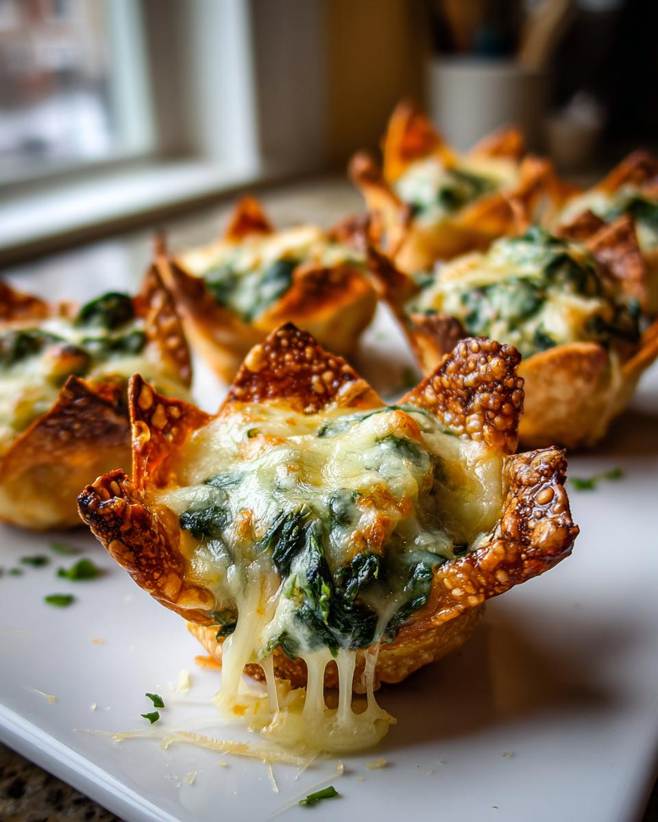 Amazing Spinach-Artichoke Wonton Cups 5 Close-up of a golden brown Spinach-Artichoke Wonton Cup overflowing with melted cheese and spinach.