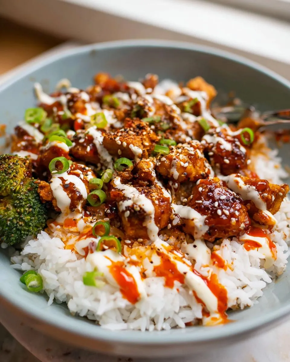 Amazing Sticky Chicken Bowls with 40 Min Cook 4 Close-up of a bowl of Sticky Chicken Bowls with Spicy Drizzle, featuring rice, chicken, broccoli, and drizzles of sauce.