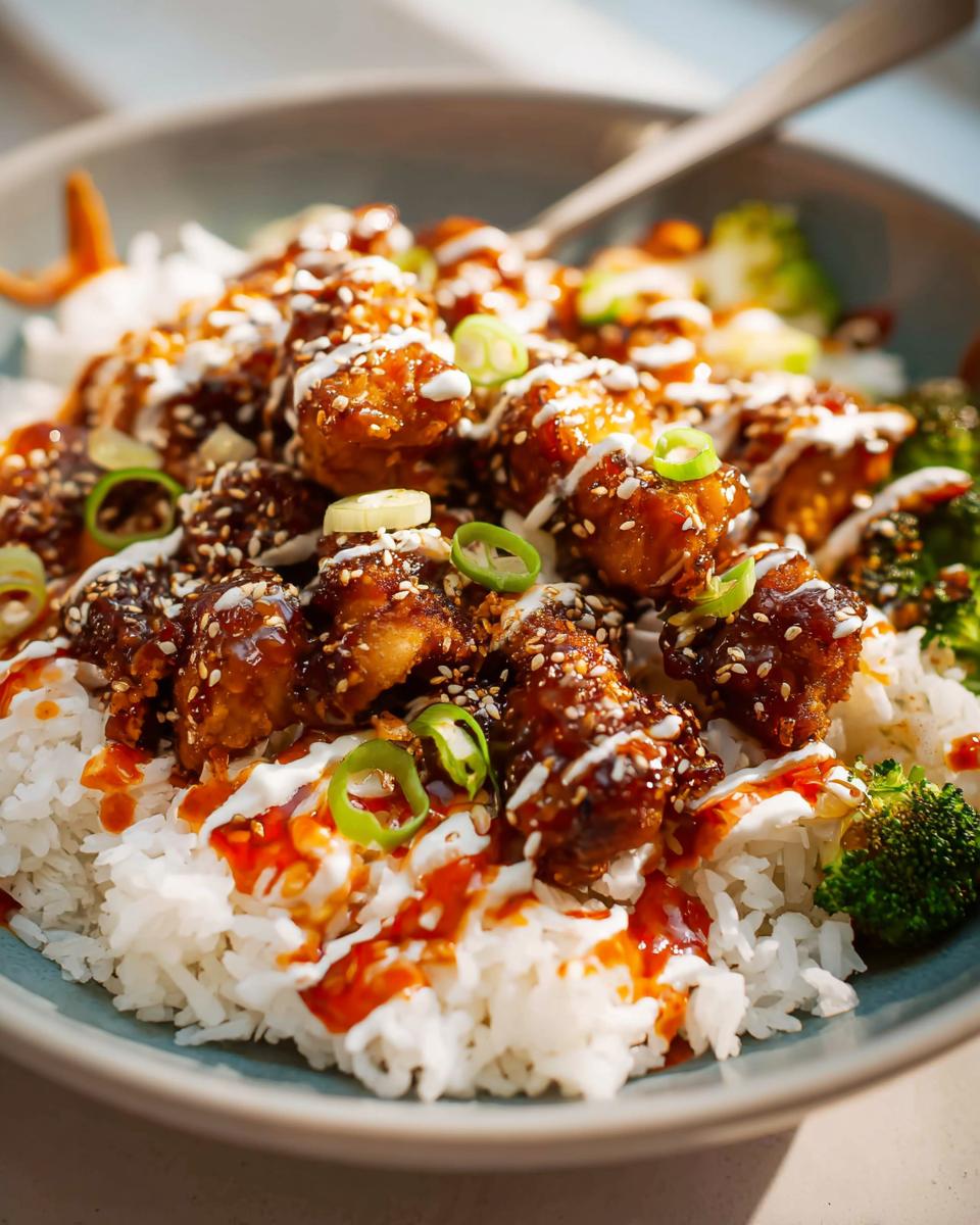 Amazing Sticky Chicken Bowls with 40 Min Cook 5 Close-up of a bowl of Sticky Chicken Bowls with Spicy Drizzle, featuring glazed chicken pieces, white rice, broccoli, and a creamy drizzle.