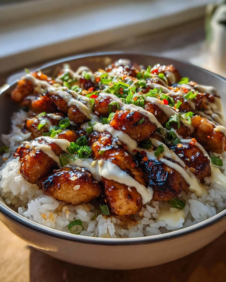 Amazing Sticky Glazed Chicken Rice Bowl Recipe 5 Close-up of a delicious Sticky Glazed Chicken Rice Bowl, featuring tender chicken pieces over white rice, drizzled with sauce and garnished with scallions.
