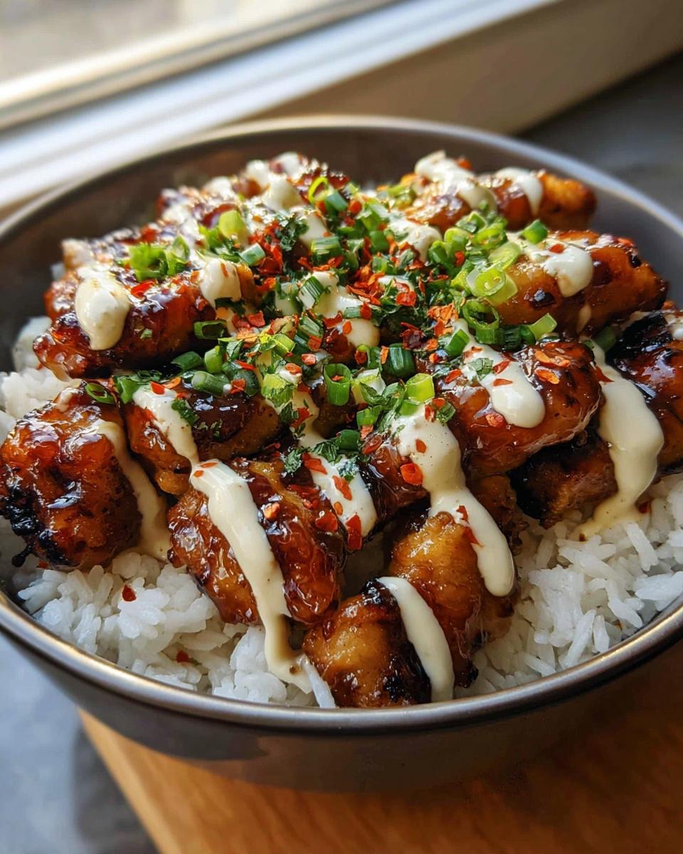 Amazing Sticky Glazed Chicken Rice Bowl Recipe 4 A close-up of a delicious Sticky Glazed Chicken Rice Bowl, topped with sauce, scallions, and chili flakes.