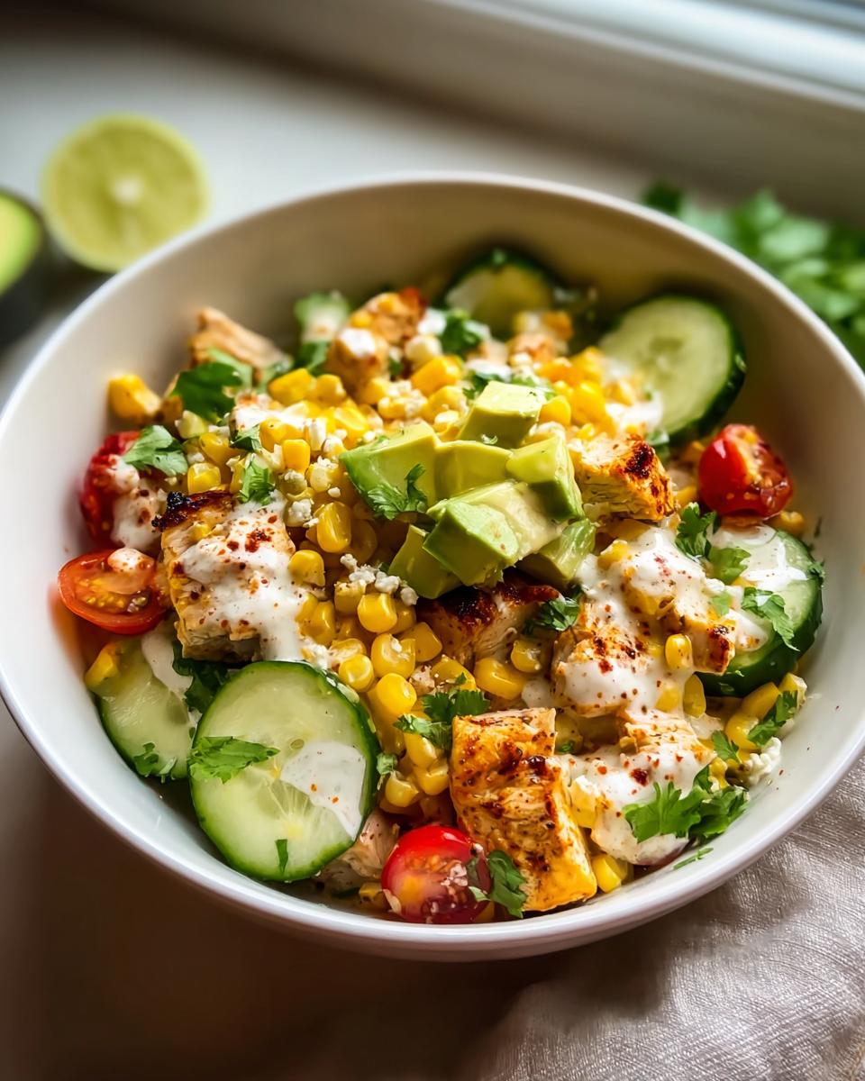 Amazing 20-Min Street Corn Creamy Cucumber Chicken Salad 5 A vibrant bowl of Street Corn Creamy Cucumber Chicken Salad, featuring grilled chicken, corn, cucumber, avocado, and cherry tomatoes.