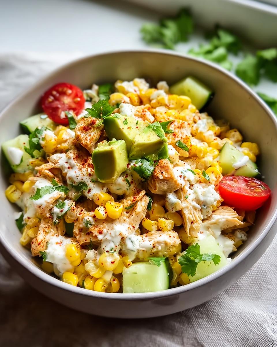 Amazing 20-Min Street Corn Creamy Cucumber Chicken Salad 4 A close-up of a bowl filled with Street Corn Creamy Cucumber Chicken Salad, featuring corn, chicken, avocado, cucumber, and tomatoes.