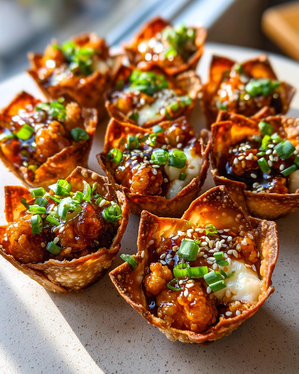 Amazing Sweet Chili Chicken Wonton Cups in 30 Mins 4 A close-up of several Sweet Chili Chicken Wonton Cups, garnished with sesame seeds and green onions.