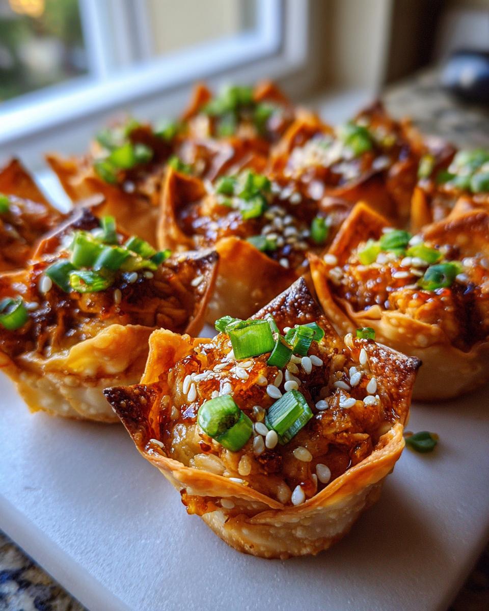Amazing Sweet Chili Chicken Wonton Cups in 30 Mins 5 Close-up of delicious Sweet Chili Chicken Wonton Cups topped with sesame seeds and green onions.