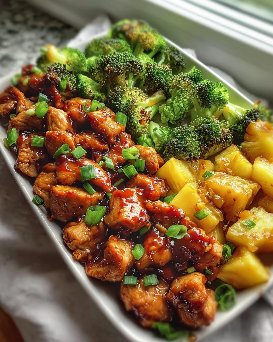 Sweet Sheet Pan Pineapple Chicken: 35 Min Miracle 5 Close-up of Sweet Sheet Pan Pineapple Chicken and Broccoli, garnished with green onions.