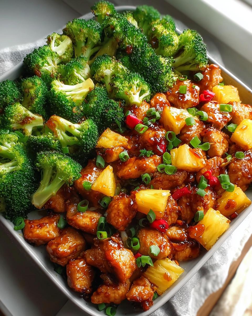 Sweet Sheet Pan Pineapple Chicken: 35 Min Miracle 4 A close-up of Sweet Sheet Pan Pineapple Chicken and Broccoli, with glazed chicken pieces mixed with pineapple chunks and steamed broccoli florets.