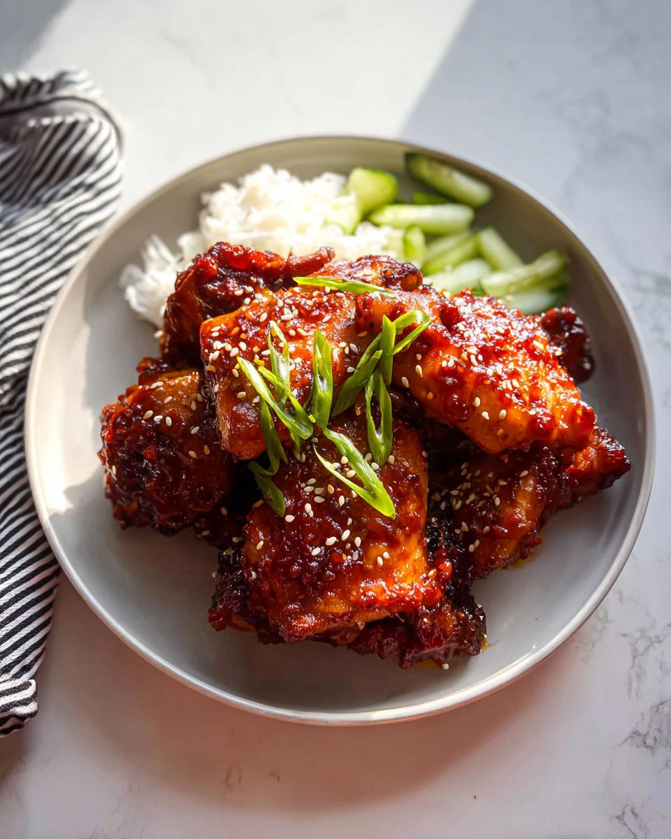 Amazing Sweet & Spicy Korean Chicken Thighs 5 A plate of Sweet and Spicy Korean Chicken Thighs glazed with sauce, topped with sesame seeds and green onions, served with rice and cucumber.