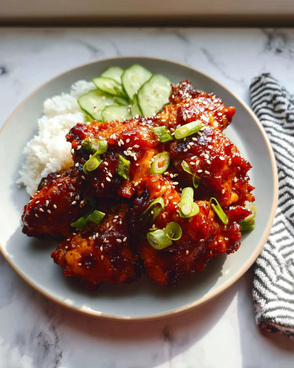 Amazing Sweet & Spicy Korean Chicken Thighs 4 A plate of Sweet and Spicy Korean Chicken Thighs glazed with sauce, sprinkled with sesame seeds and green onions, served with white rice and cucumber slices.