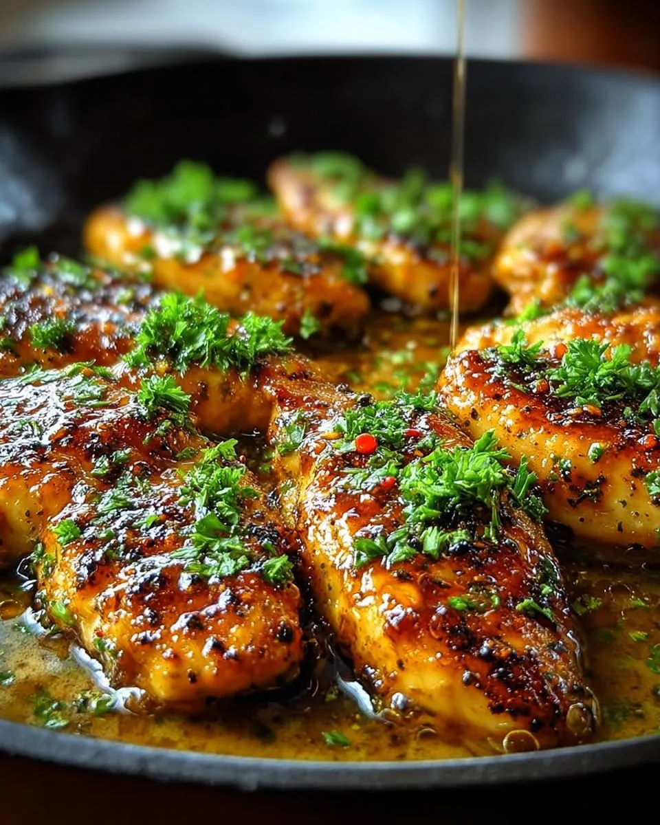 Amazing Texas Roadhouse Butter Chicken 20 Min 4 Close-up of juicy Texas Roadhouse Butter Chicken Skillet pieces being drizzled with sauce and garnished with fresh parsley.