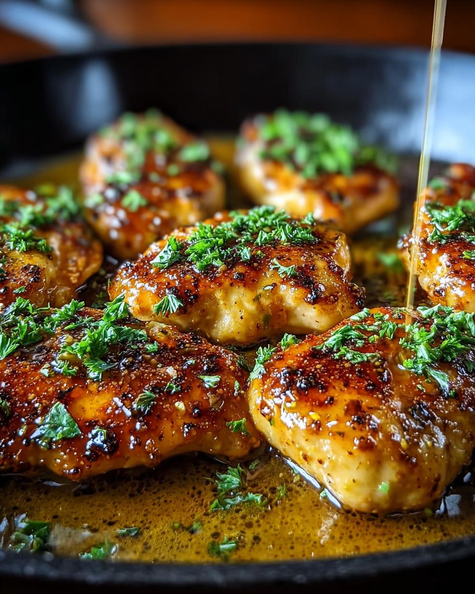 Amazing Texas Roadhouse Butter Chicken 20 Min 5 Close-up of juicy Texas Roadhouse Butter Chicken Skillet pieces being drizzled with sauce and sprinkled with parsley.