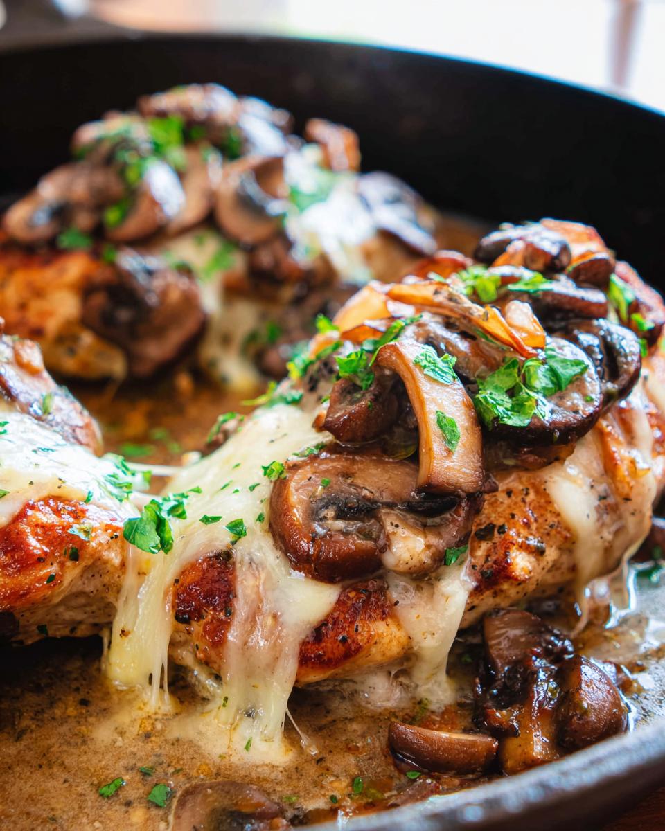 Amazing Texas Roadhouse Smothered Chicken Copycat 5 Close-up of Texas Roadhouse Smothered Chicken Copycat, topped with melted cheese and sautéed mushrooms, garnished with parsley.