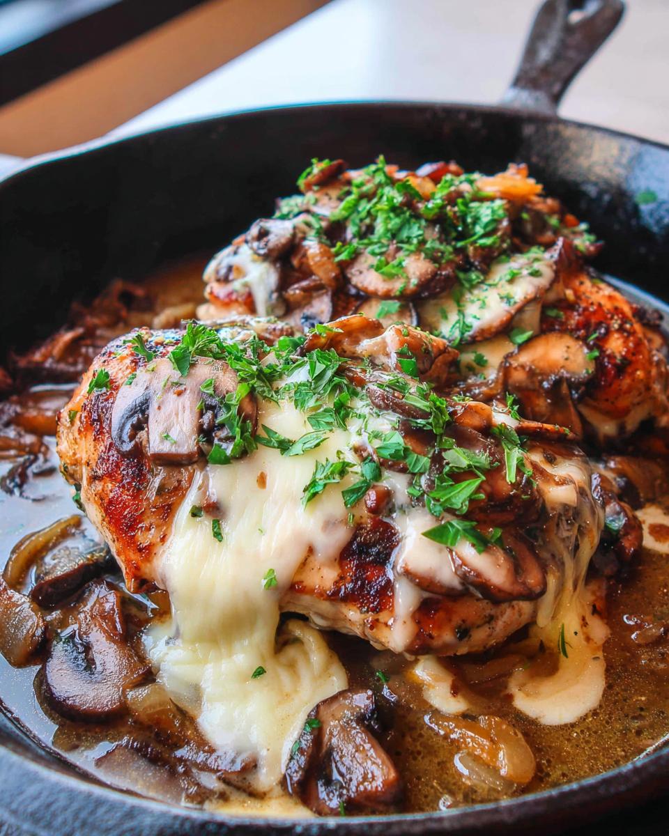 Amazing Texas Roadhouse Smothered Chicken Copycat 4 Close-up of Texas Roadhouse Smothered Chicken Copycat in a cast iron skillet, topped with melted cheese and mushrooms.