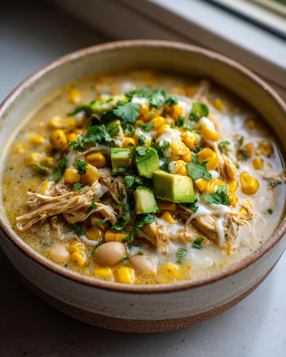 Amazing White Chicken Chili Slow Cooker Recipe 5 A close-up of a bowl filled with White Chicken Chili Slow Cooker Recipe, topped with avocado, cilantro, and cheese.