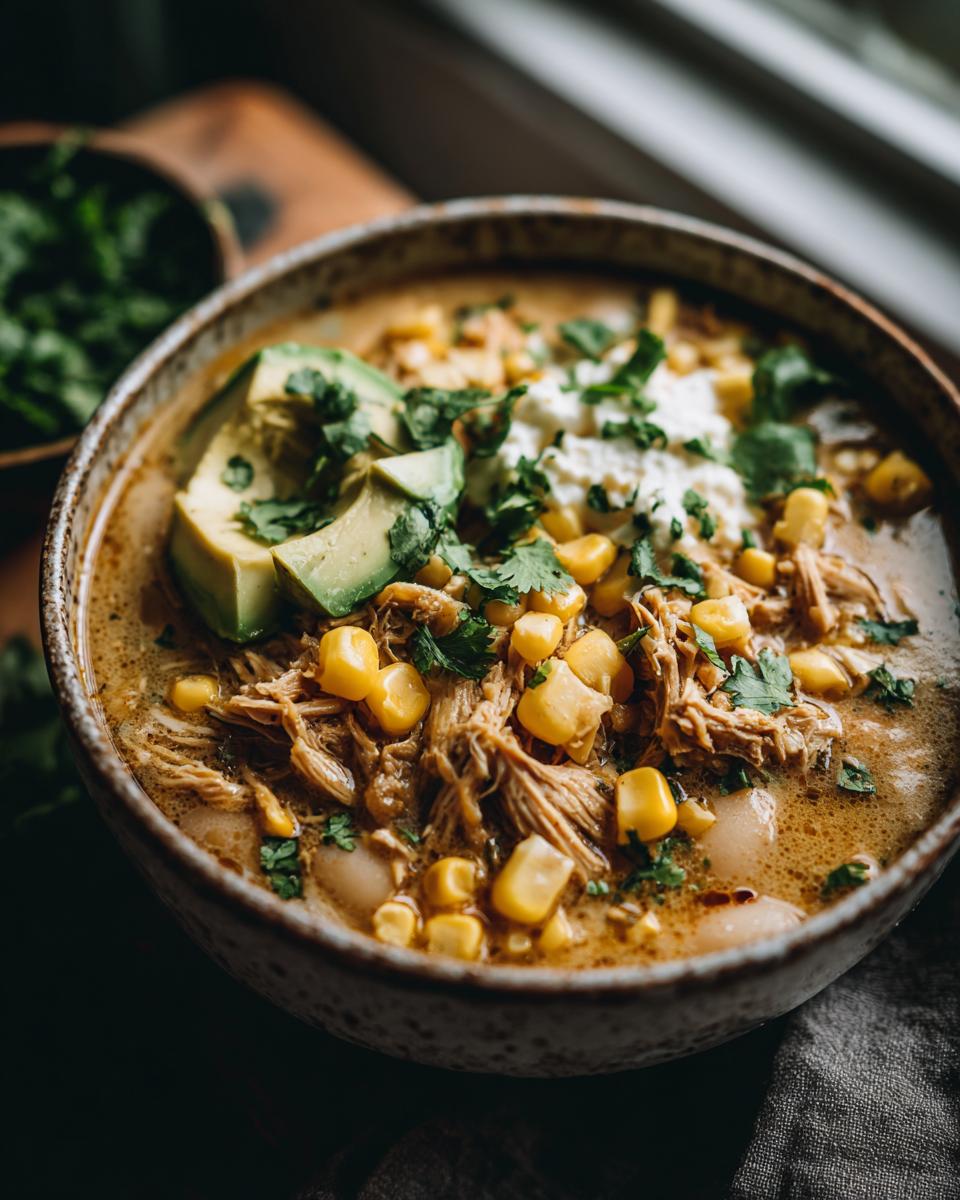 Amazing White Chicken Chili Slow Cooker Recipe 4 A hearty bowl of White Chicken Chili Slow Cooker Recipe topped with avocado, corn, cilantro, and crema.